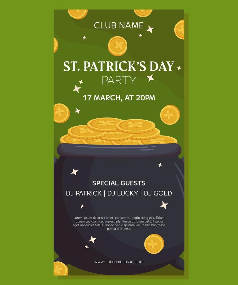 St.Patricks Day holiday vertical party banner template design. Leprechaun cauldron and golden coins with shamrock. Event invitation for club and pub vector
