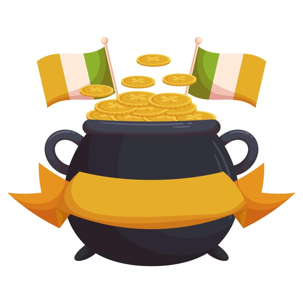 St.Patricks Day holiday design with leprechaun pot ang gold coins, irish flags and ribbon. vector