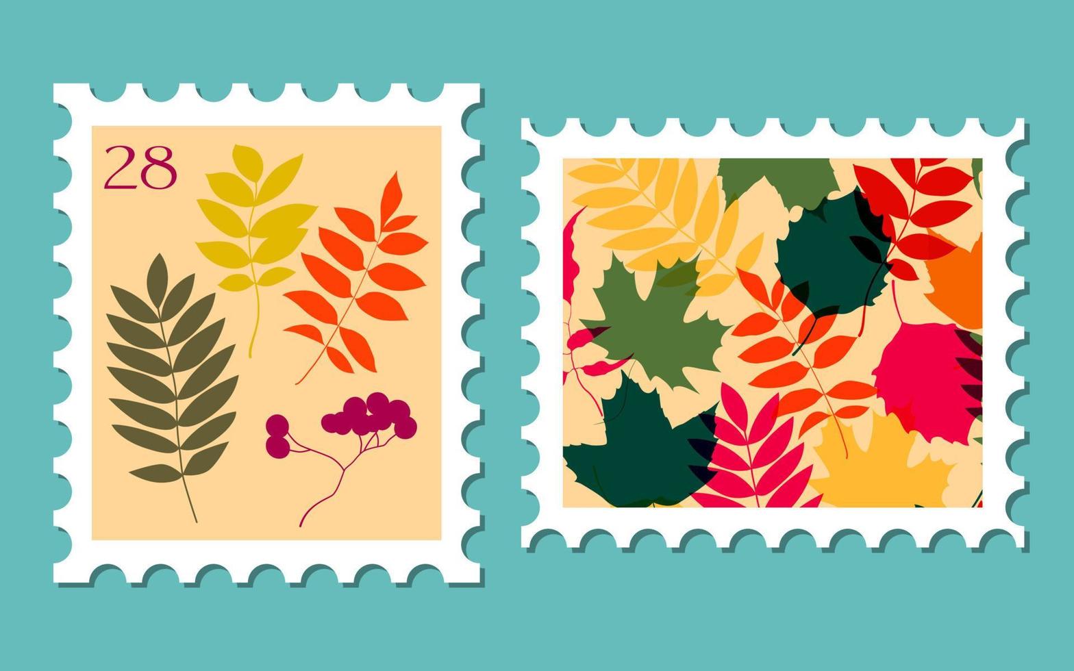 Set of two post stamps illustrations. Variety of modern vector isolated stamps. Autumn vintage concept post theme. Fall leaves drawings for mail and post design.