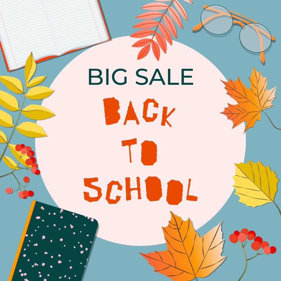 Back to school sale concept. Modern autumn leaves, note book, glasses and cute text. Student, pupil. Trendy vector illustration for card, web banner design.