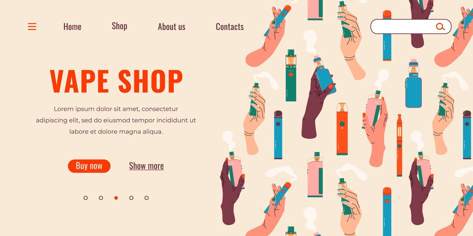 Vape shop colorful web page. Electronic cigarettes and vape. Modern vector illustration. Alternative smoking device. Flat vector design for web.