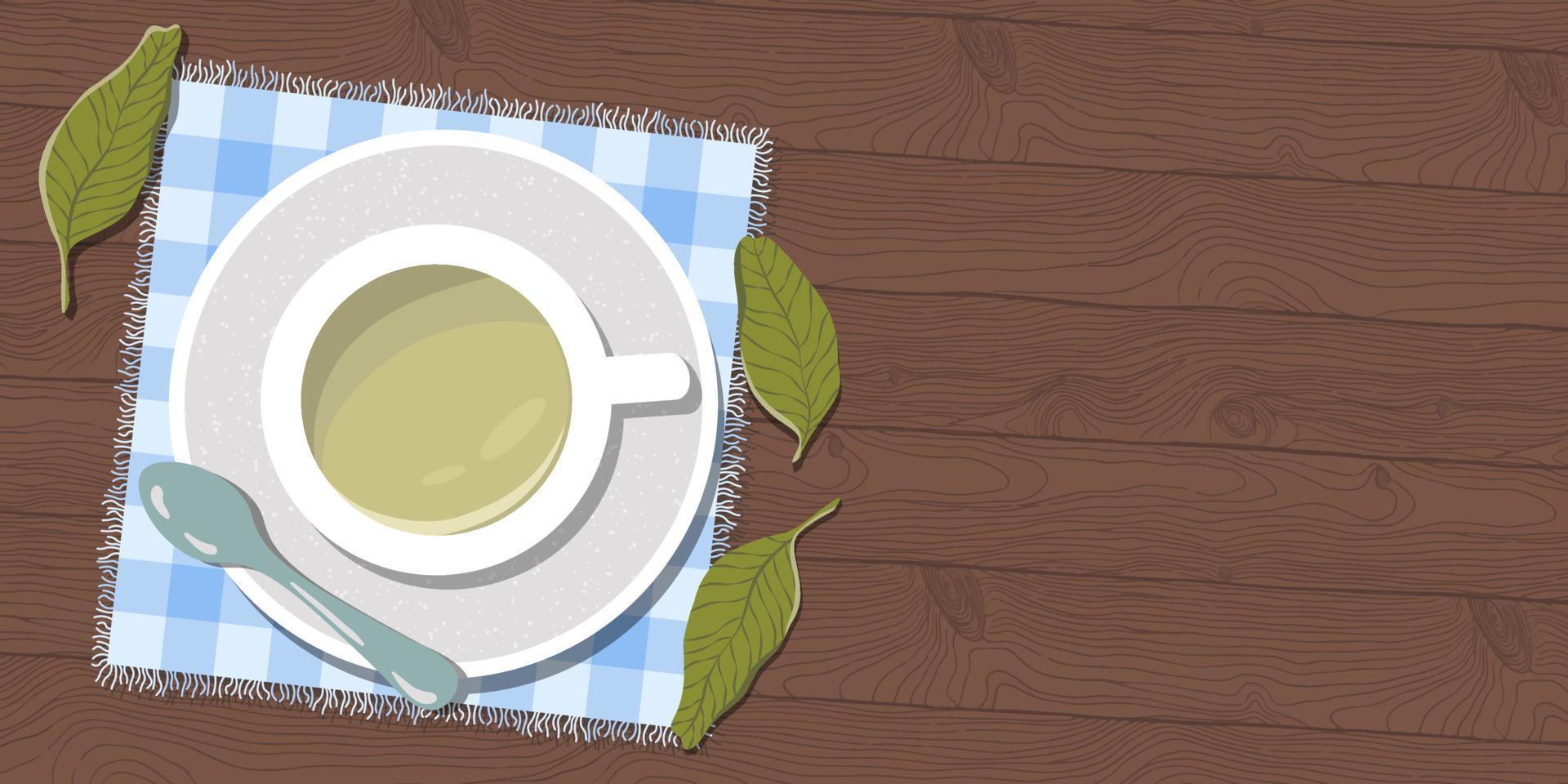 Tea cup and spoon on the table. Trendy top down view illustration with wooden background. Modern minimalistic hand drawn cafe space design for web card, banner. vector