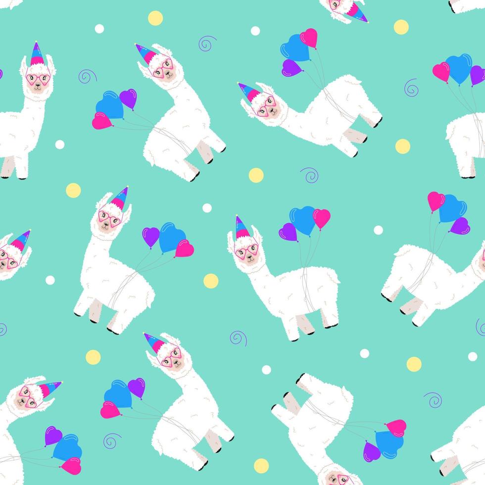 seamless pattern with balloons and alpaca with glasses vector