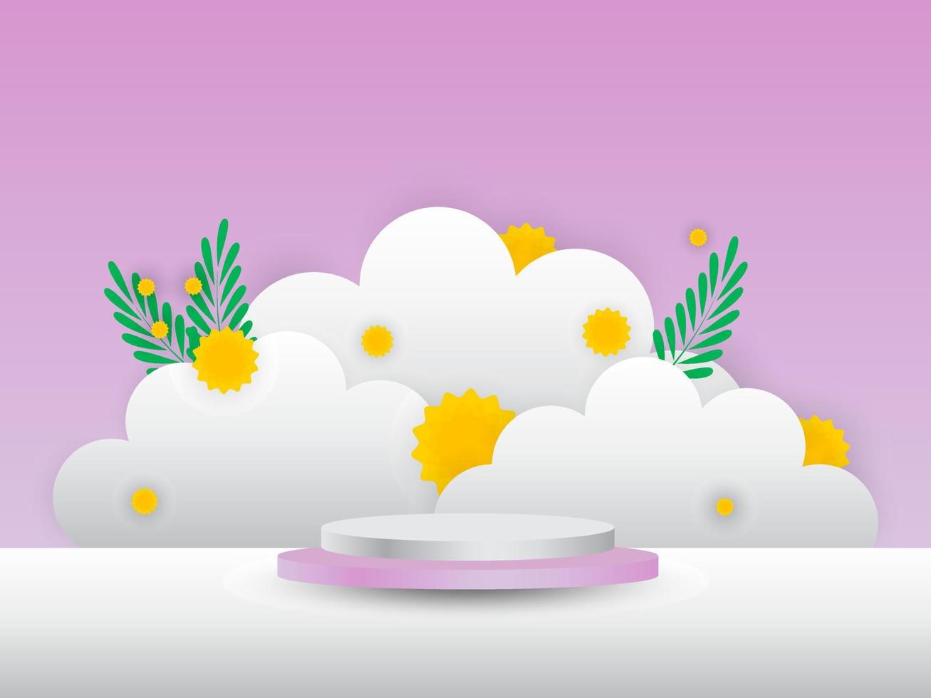 White lilac podium with mimosa and clouds in the background. Product display poster for Mother's Day or Women's Day. Spring scene with flowers. Vector illustration