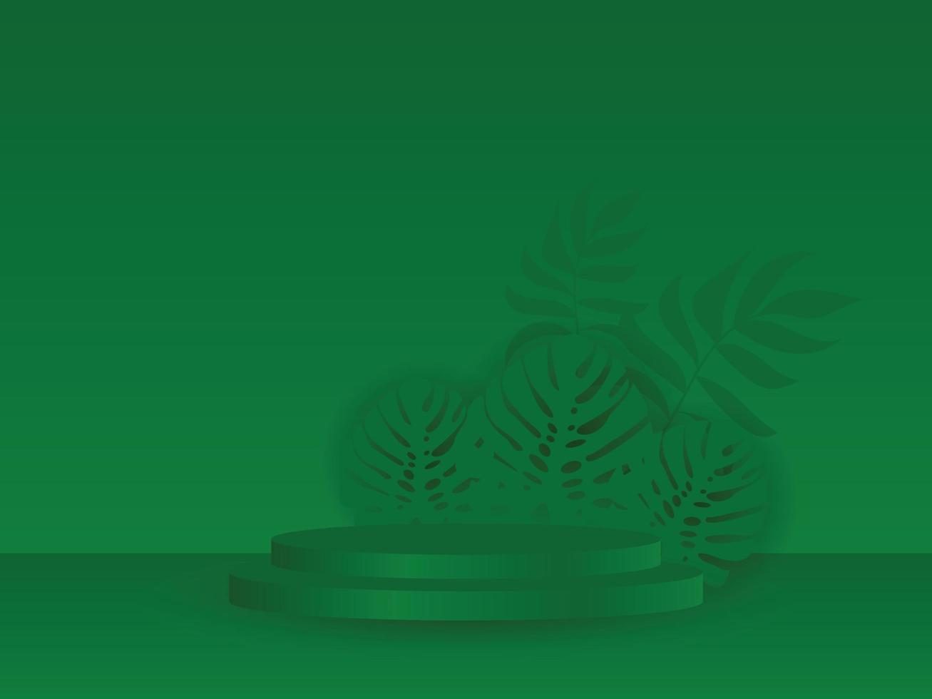 Cylindrical podium on a green background. Minimal green scene with geometric shapes and palm leaves. 3D stage for displaying a product vector