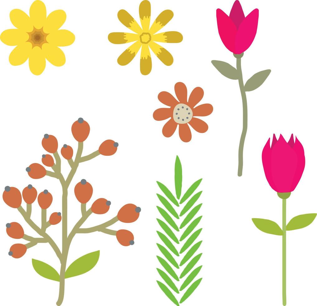 A Collection of Simple Hand Drawing of Green Leaf Plants, Flowers and Fruit. vector