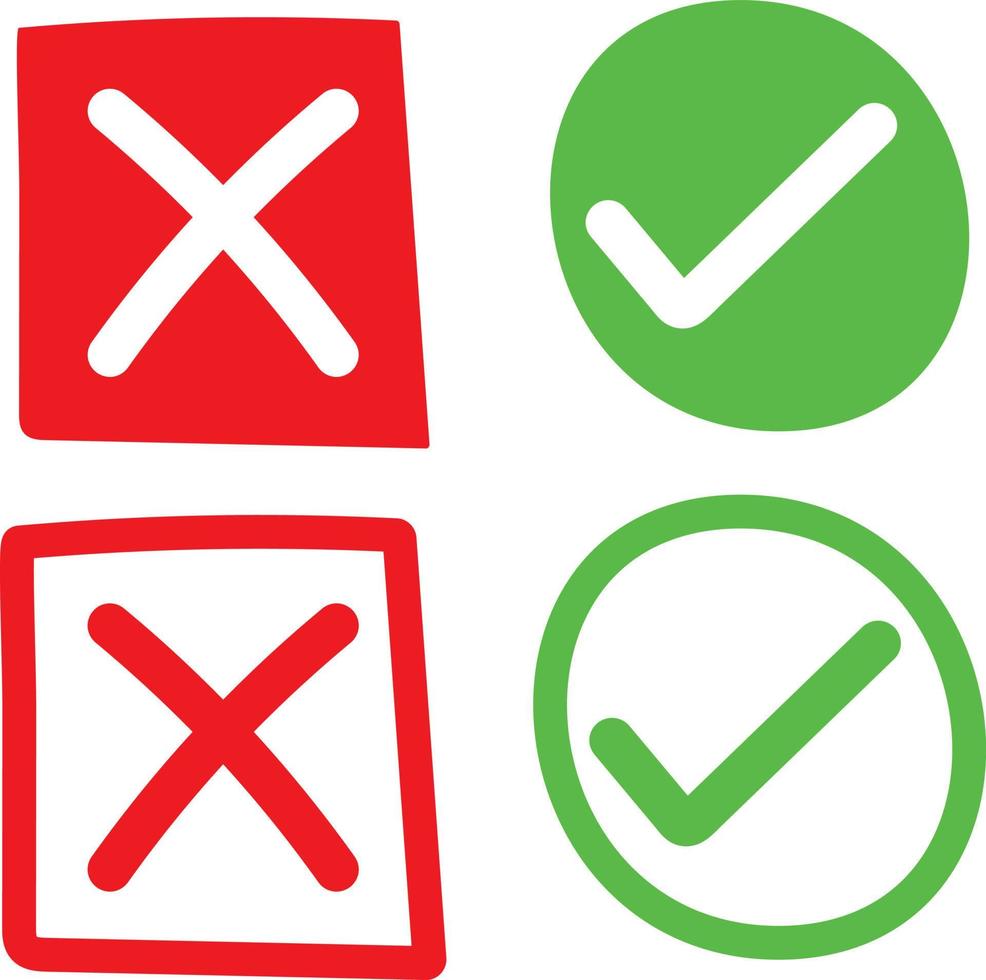 mano dibujado verde garrapata símbolo y rojo cruzar signo. vector
