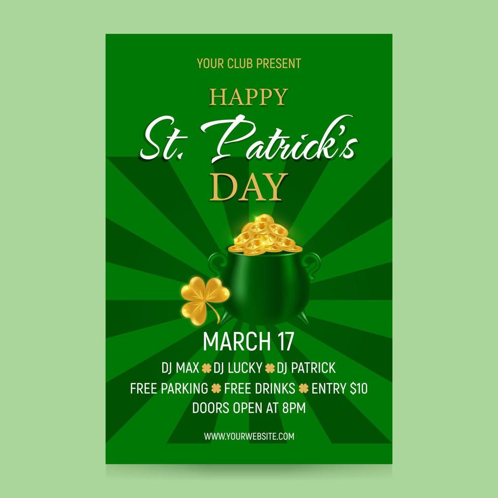 Invitation to the celebration of St. Patricks Day on March 17 at the club. Festive design for advertising banner, invitation, poster. Cauldron with gold coins, text on a green background. Vector. vector