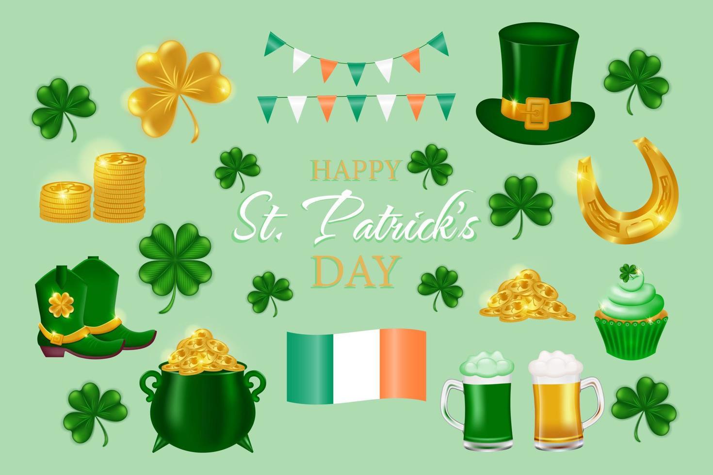 Set of Irish symbols for St. Patrick's Day. Leprechaun hat, boots, beer, ale, gold coins, pot of gold, horseshoe, garland with flags and flag of Ireland, shamrock, clover.Vector icons set. vector
