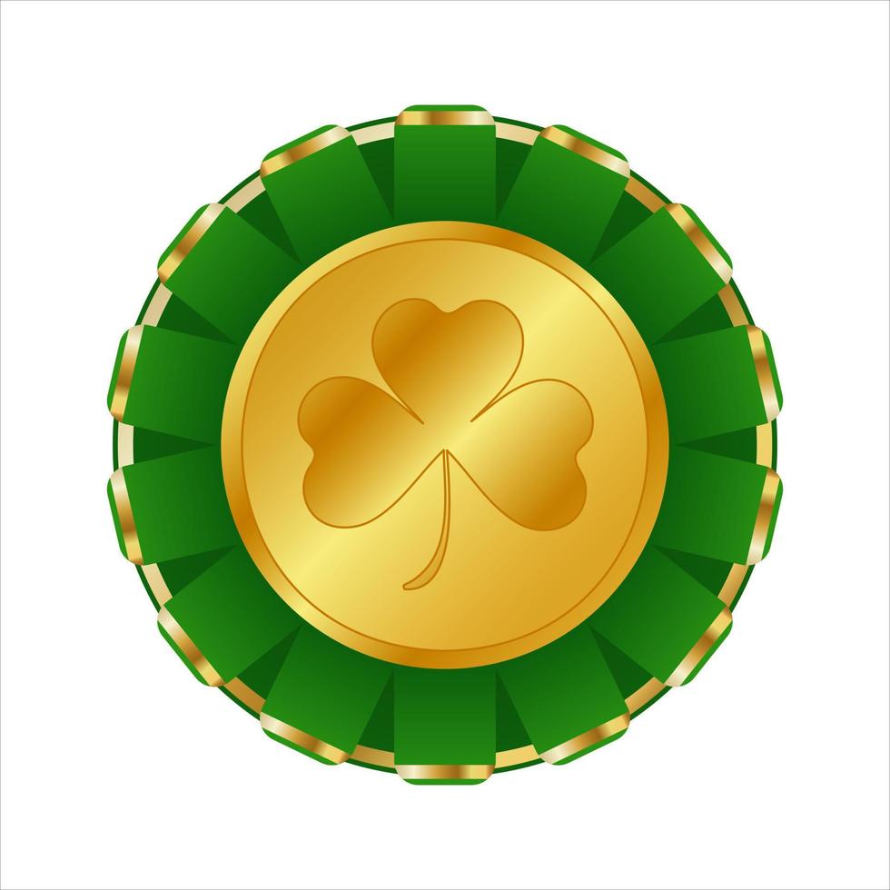 St. Patrick's Day gold shamrock and green ribbon award. Good luck icon, medal with clover leaf isolated on white background. Vector illustration.