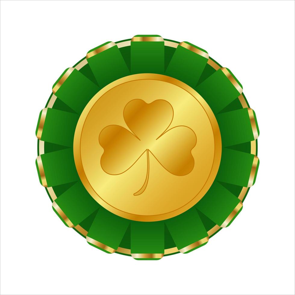 S t. patrick's día oro trébol y verde cinta otorgar. bueno suerte icono, medalla con trébol hoja aislado en blanco antecedentes. vector ilustración.