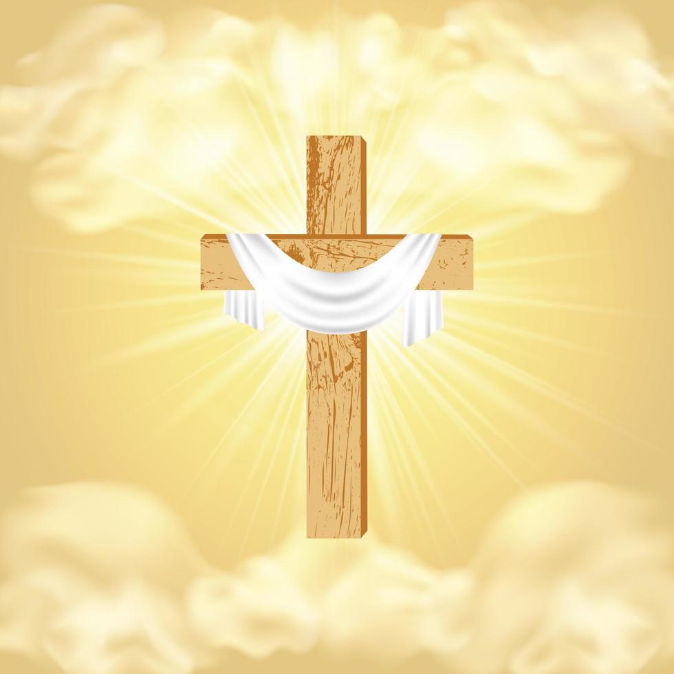 Easter. Christian wooden cross with a shroud on the background of divine sunlight, sky, clouds. Religious symbol of faith. Postcard with Palm Sunday, Easter, Resurrection of Christ.Vector illustration vector