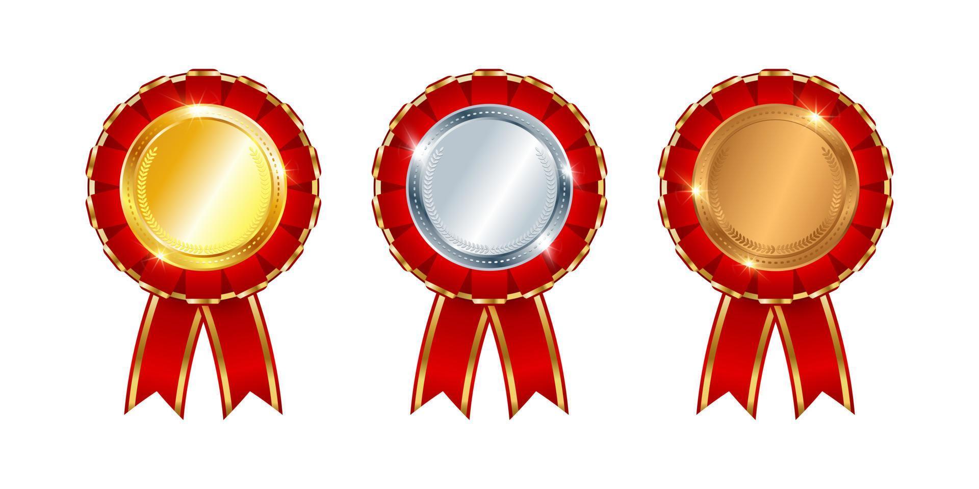 Set of gold, silver, bronze medals with red ribbon. 3d insignia decorated with folds of red ribbon. Achievement award. Vector illustration.