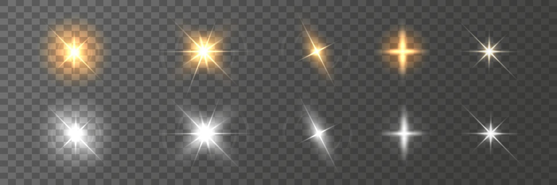 Background with glowing lights. Set of shiny highlights, stars, flares. Solar golden flash effect on dark background. Collection of gold and silver sequins. Vector illustration.