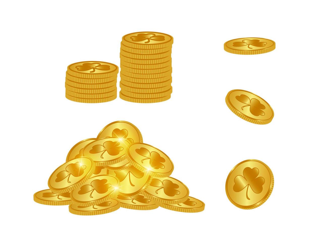 Pile and stack of gold coins with shamrock isolated on white. Coins with the sign of clover. Vector illustration.