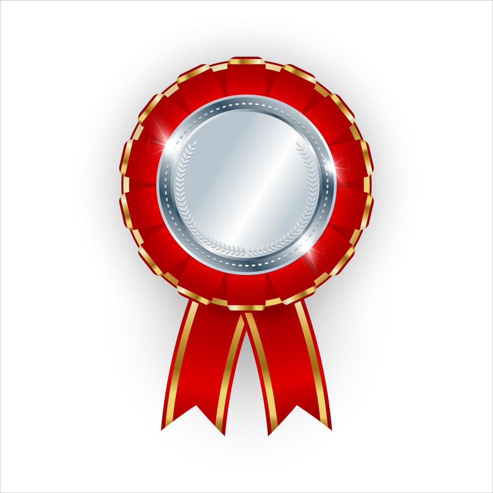 Silver shiny 3d award with red ribbon. 2 places icon on a white background. Champion Trophy. Vector illustration.