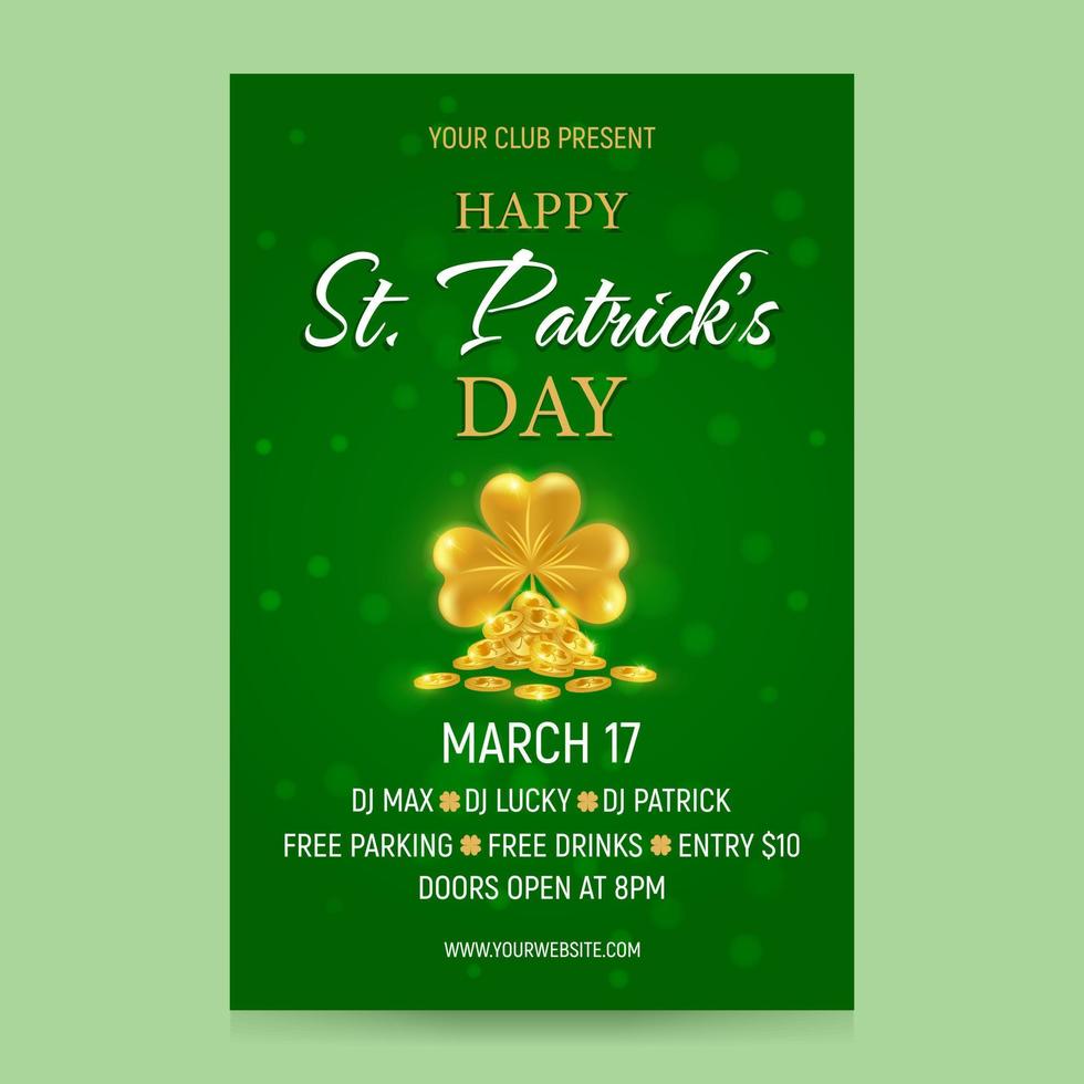 Vertical invitation to St. Patricks Day. St. Patricks Day party flyer template. Background with gold and shamrock. Vector illustration.