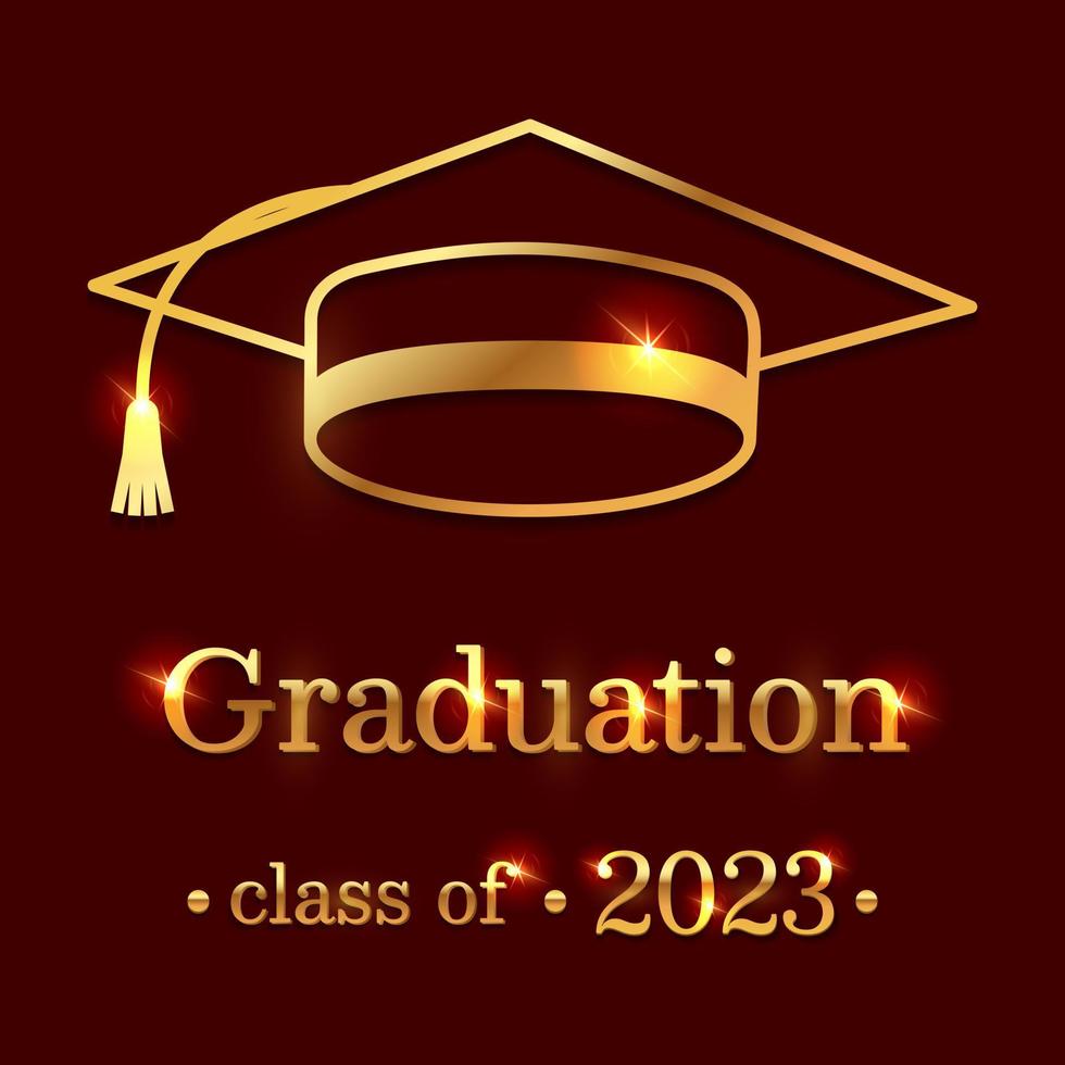 Graduation background with decorative gold elements and congratulations text on a dark red background. Stylish design related to graduation. Vector illustration.