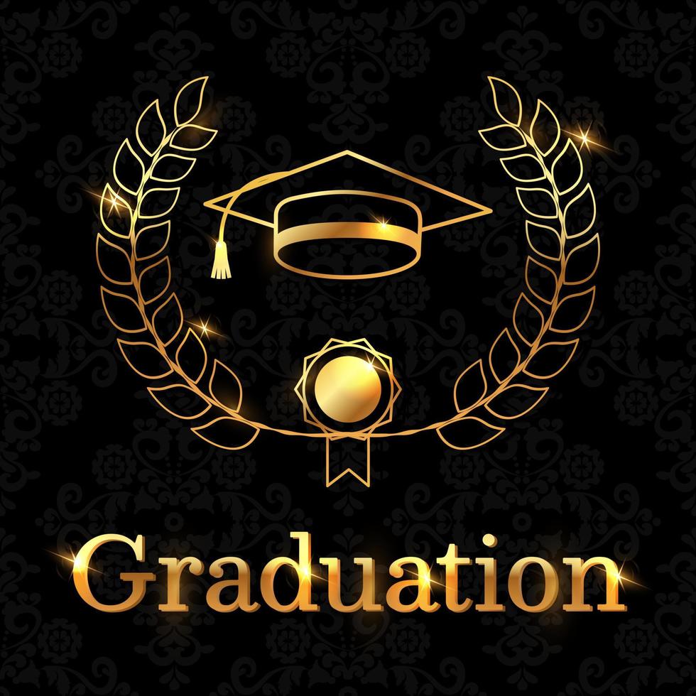 Congratulatory poster for the graduate on a black background with a golden font, a student hat and a diploma scroll. Perfect for decorating graduation events. Vector illustration.