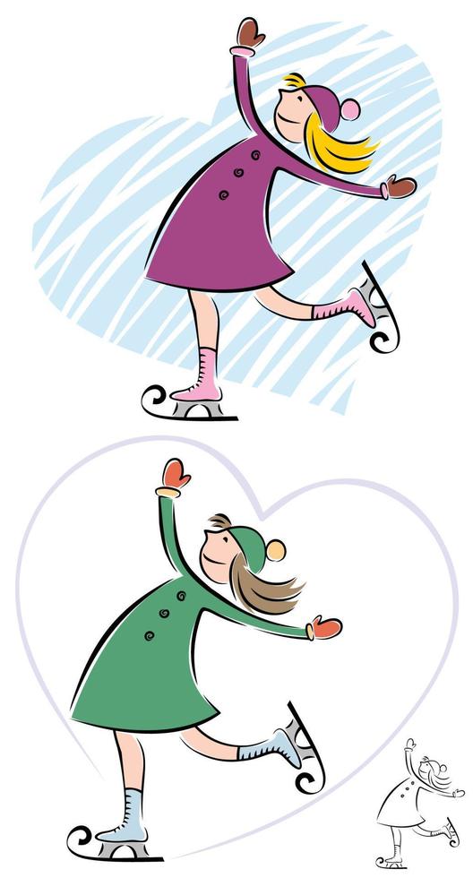 niña Patinaje en hielo. abajo es otro versión de el mismo ilustración más pequeño negro y blanco versión. vector