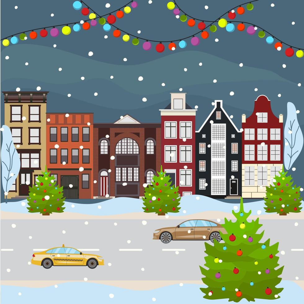 Christmas and Happy New Year city scape celebrating winter holidays. Cartoon old building town street in flat style. Vector illustration