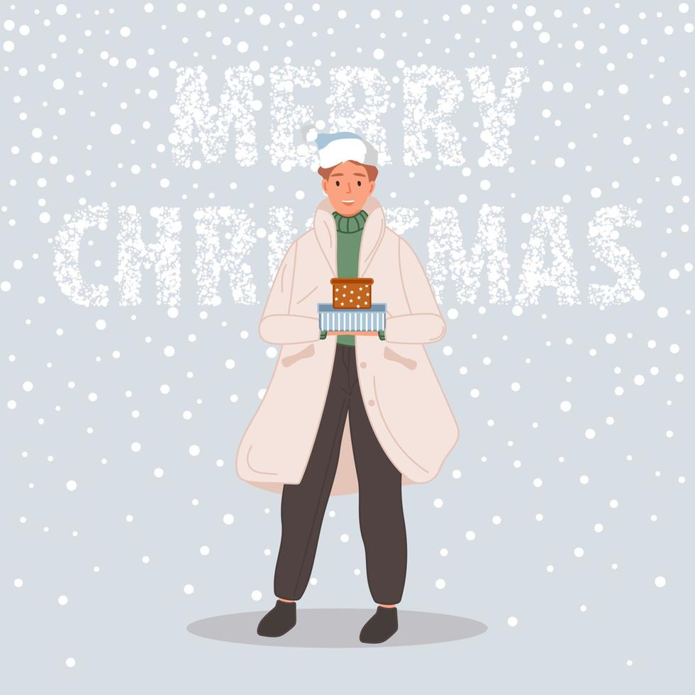 Happy man with Christmas gifts. Male wearing in santa hat on snow background Merry Christmas concept. Vector illustration