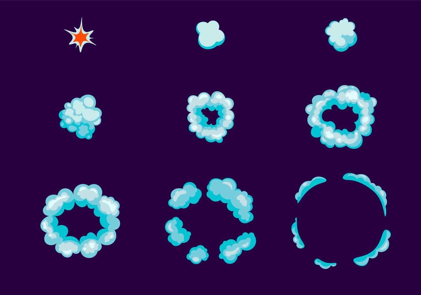 Top view bomb explosion icon set step-by-step animation with boom effect on black background. Cartoon comic dynamite flame for app. Vector illustration
