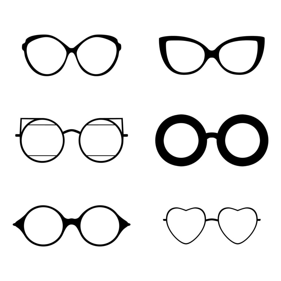 Retro collection of 6 various glasses. Sunglasses black silhouettes. Eye set. Vector illustration