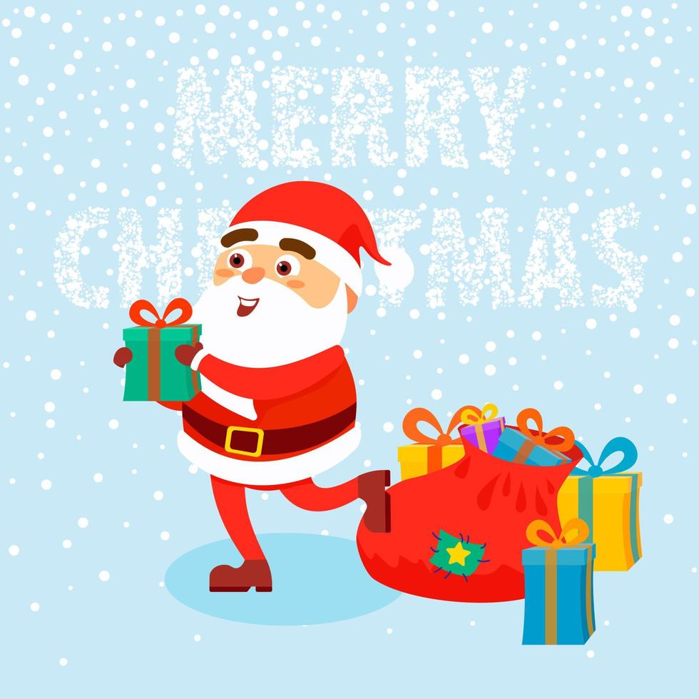 Happy man wearing in Santa Claus clothes with gifts on snow background Merry Christmas concept. Vector illustration in flat cartoon style