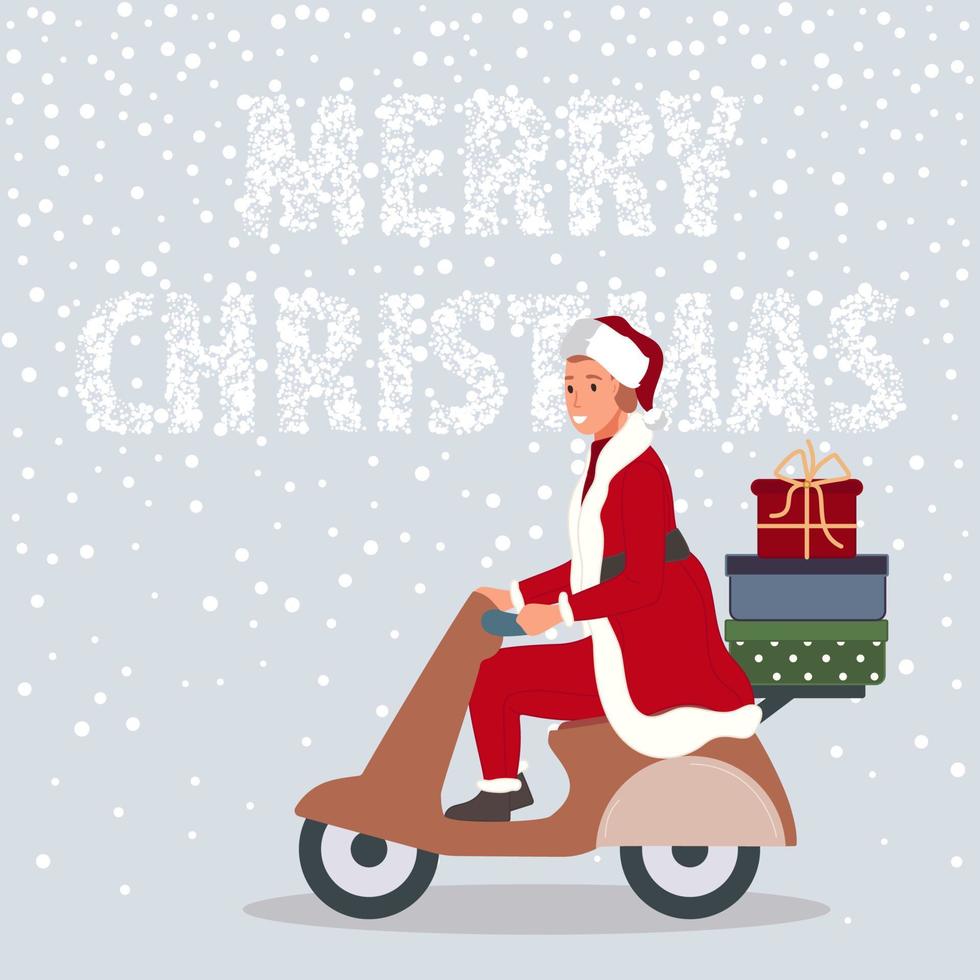 contento hombre con Navidad regalos en moto. masculino vistiendo en Papa Noel claus ropa en nieve antecedentes alegre Navidad concepto. vector ilustración