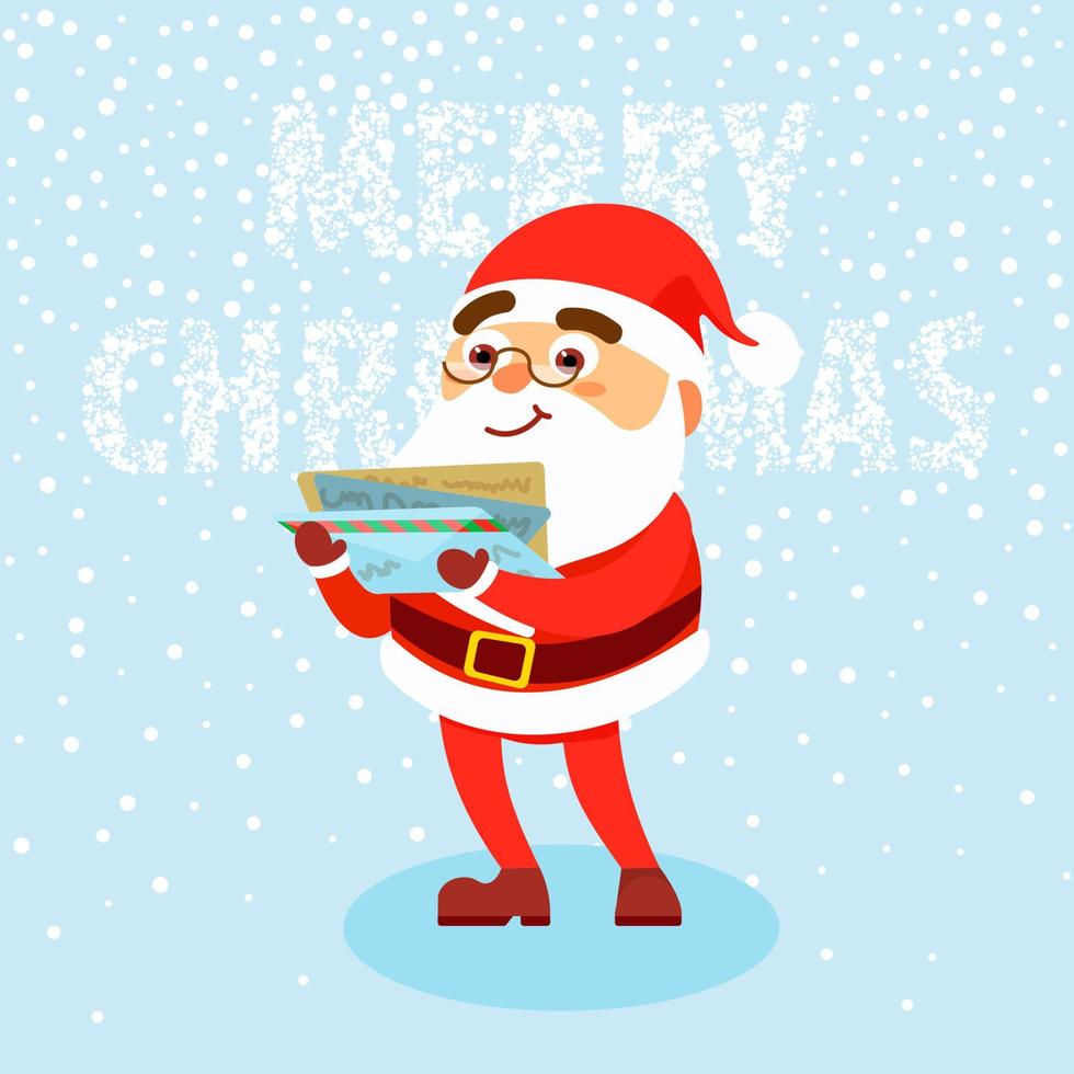contento hombre vistiendo en Papa Noel claus ropa leer letra en nieve antecedentes alegre Navidad concepto. vector ilustración en plano estilo