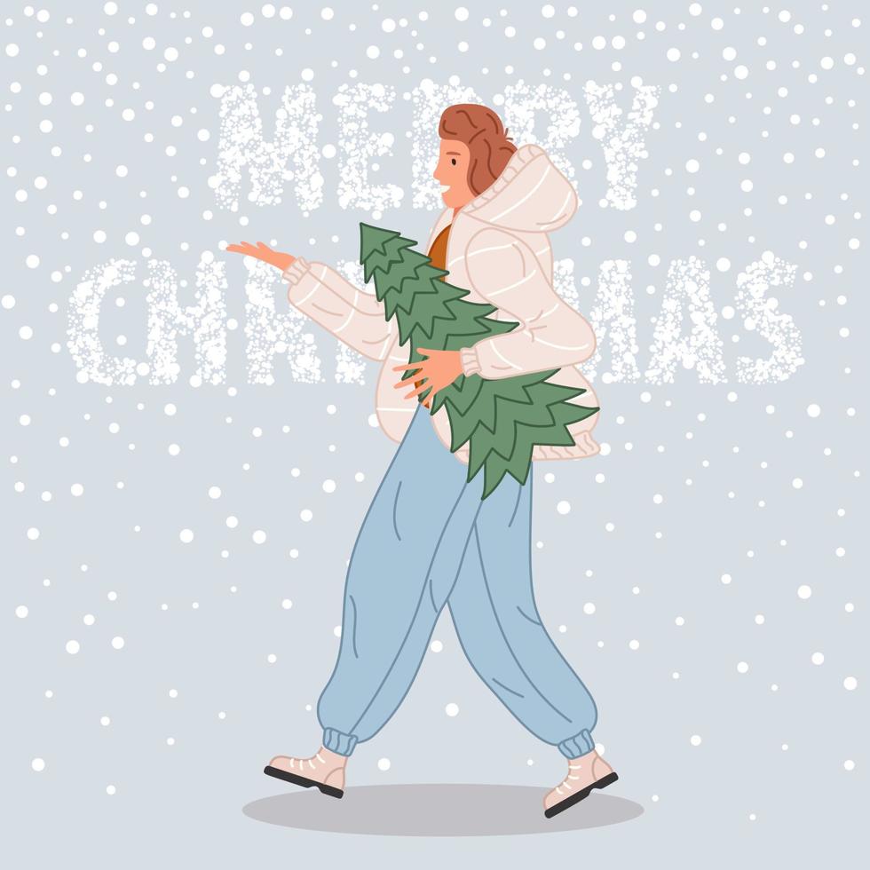 mujer feliz con árbol de navidad. mujer con sombrero de santa sobre fondo de nieve feliz navidad concepto. ilustración vectorial vector