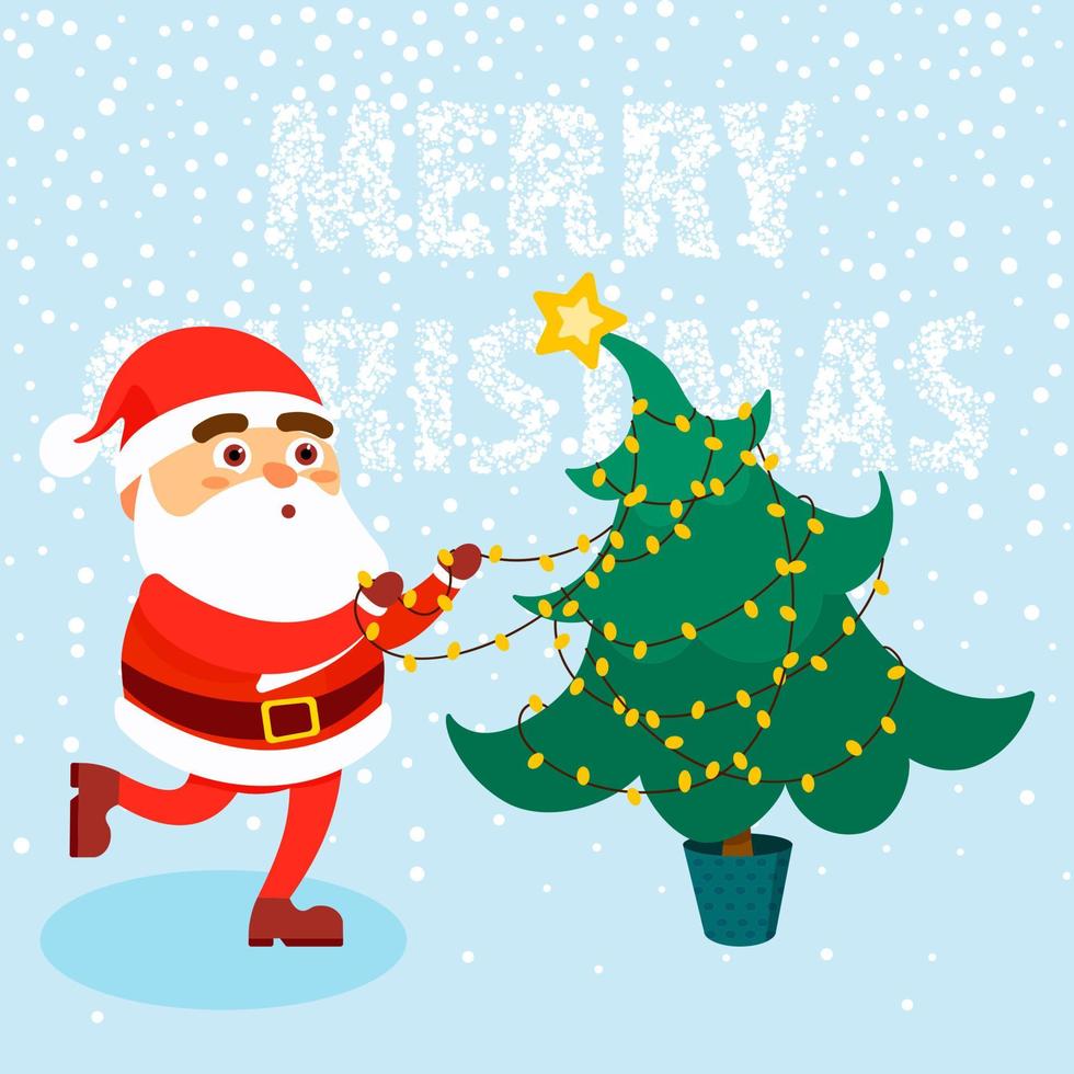 Happy man wearing in Santa Claus clothes with Christmas tree on snow background Merry Christmas concept. Vector illustration in flat cartoon style