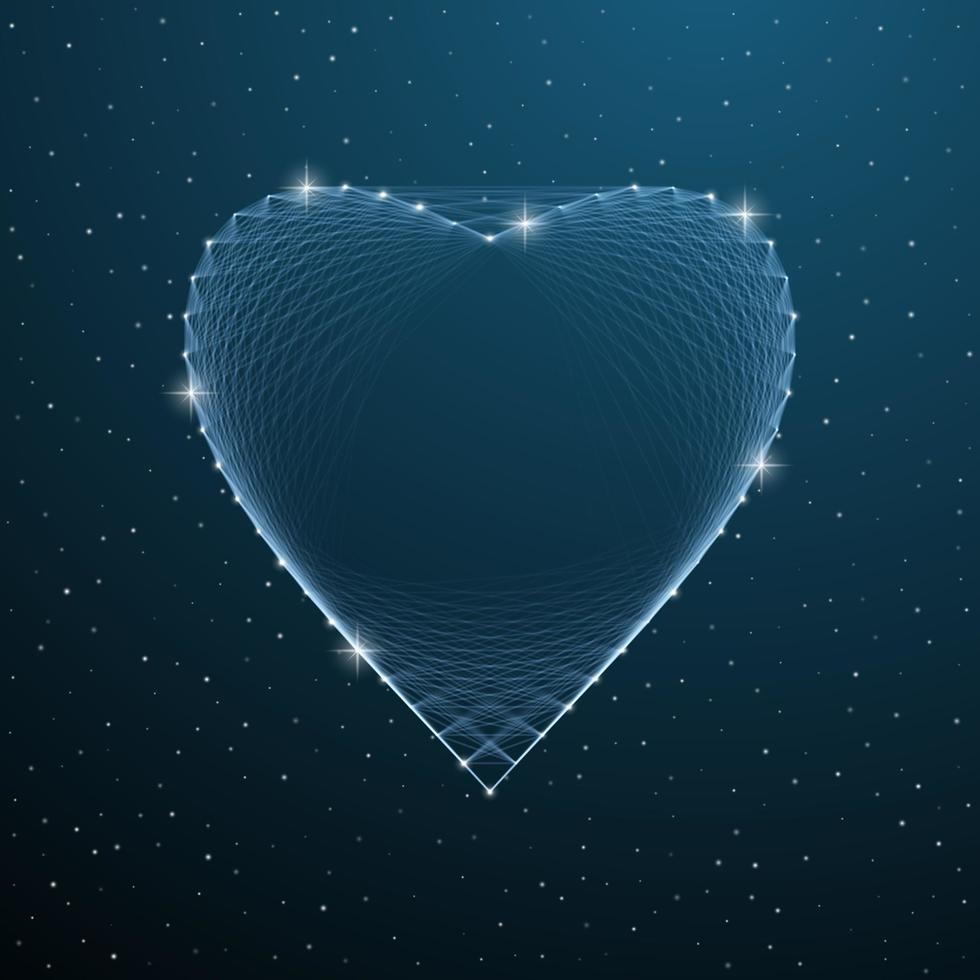 Valentines Day polygonal heart shape with dots, lines and stars on blue night sky. Vector illustration wireframe digital heart template for Valentine Day