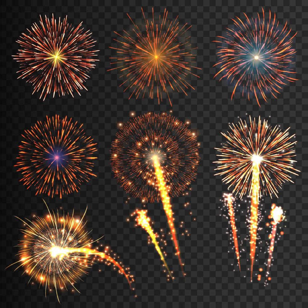 Collection festive fireworks of various colors arranged on a black background. Isolated outbreaks transparent to paste. Set  sparkling abstract shapes. Vector illustration