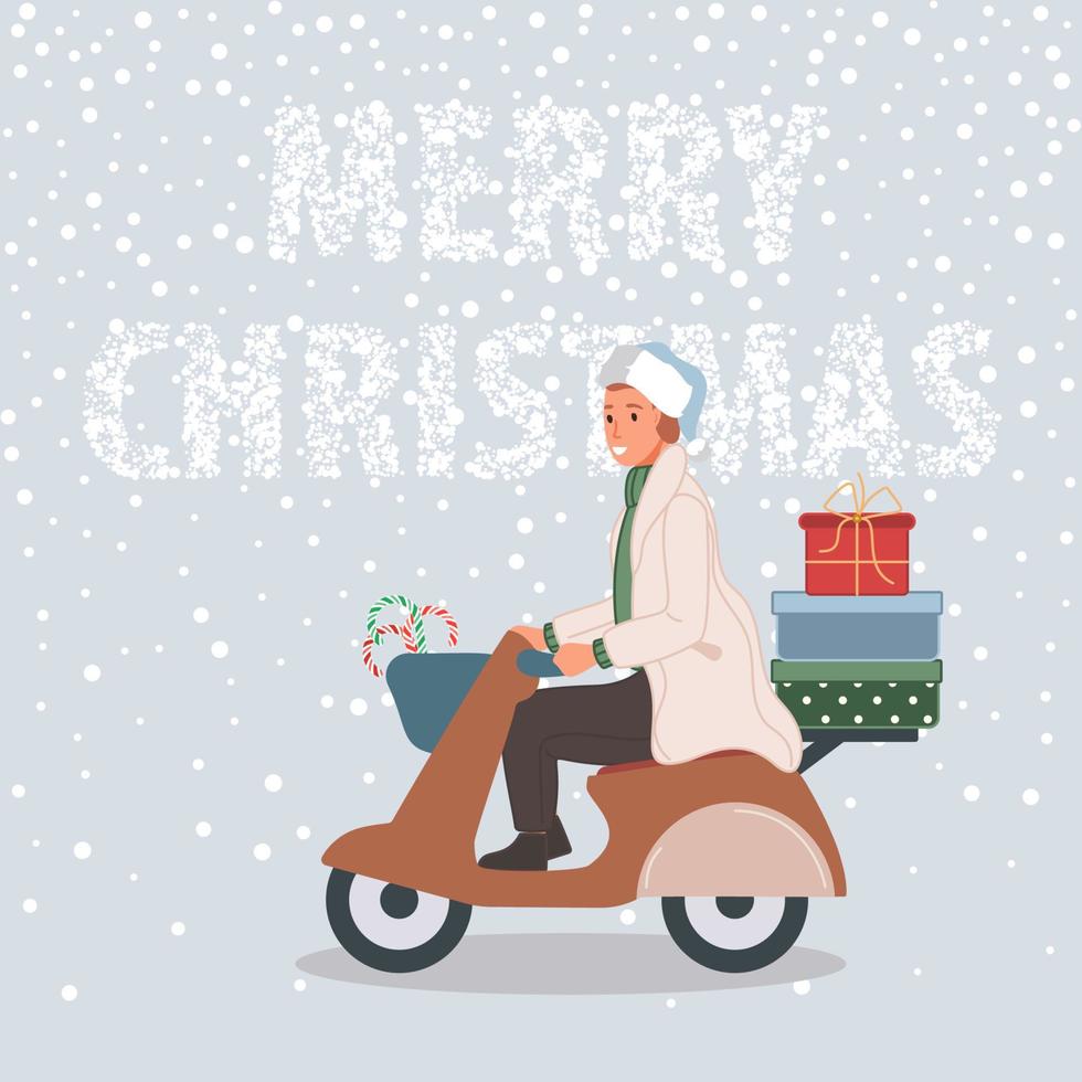 Happy man with Christmas gifts on motorbike. Male wearing in santa hat on snow background Merry Christmas concept. Vector illustration