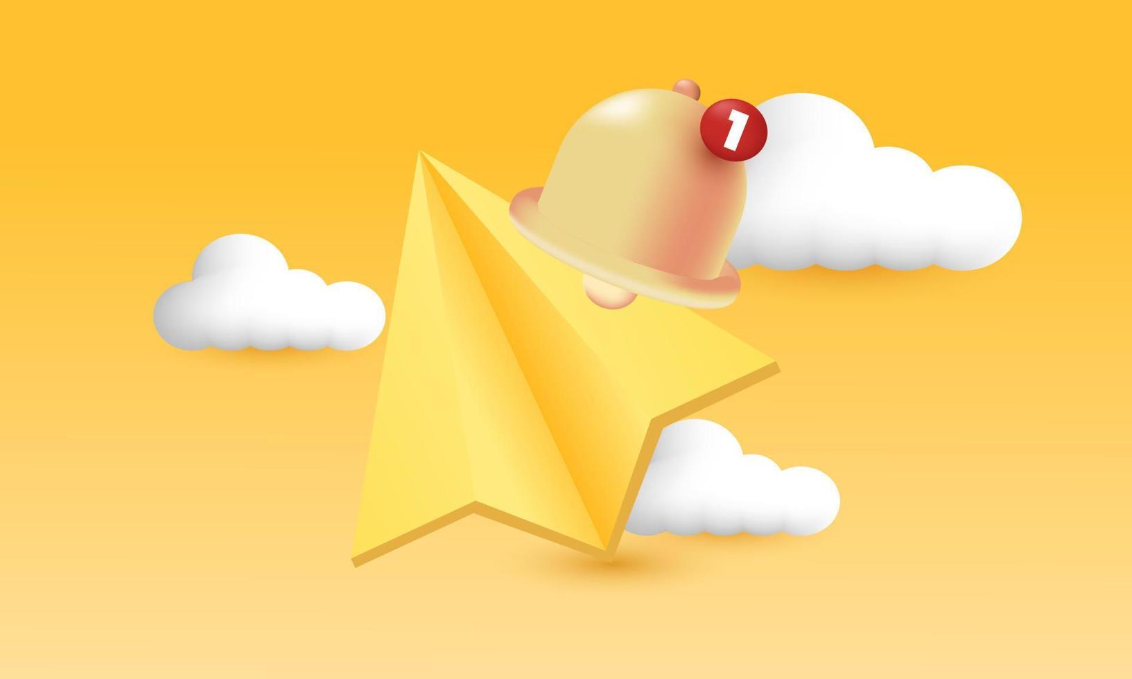 illustration realistic vector icon minimal paper plane bell notification message 3d creative isolated on background