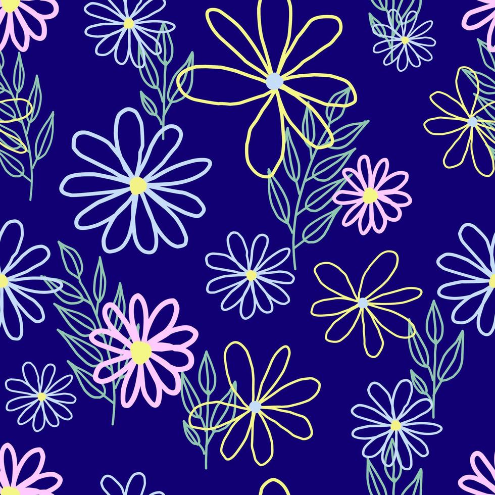 seamless pattern cute childish. seamless pattern with flowers. For fashion fabrics, baby clothes, t-shirts, cards, templates and scrapbooking. Children's drawing style. spring pattern. blue color. vector