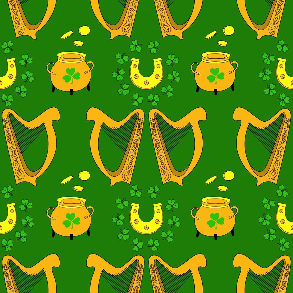 Cool trendy pattern with clover. Irish harp. Hand-drawn seamless pattern. Cute saint patrick fashion print. vector