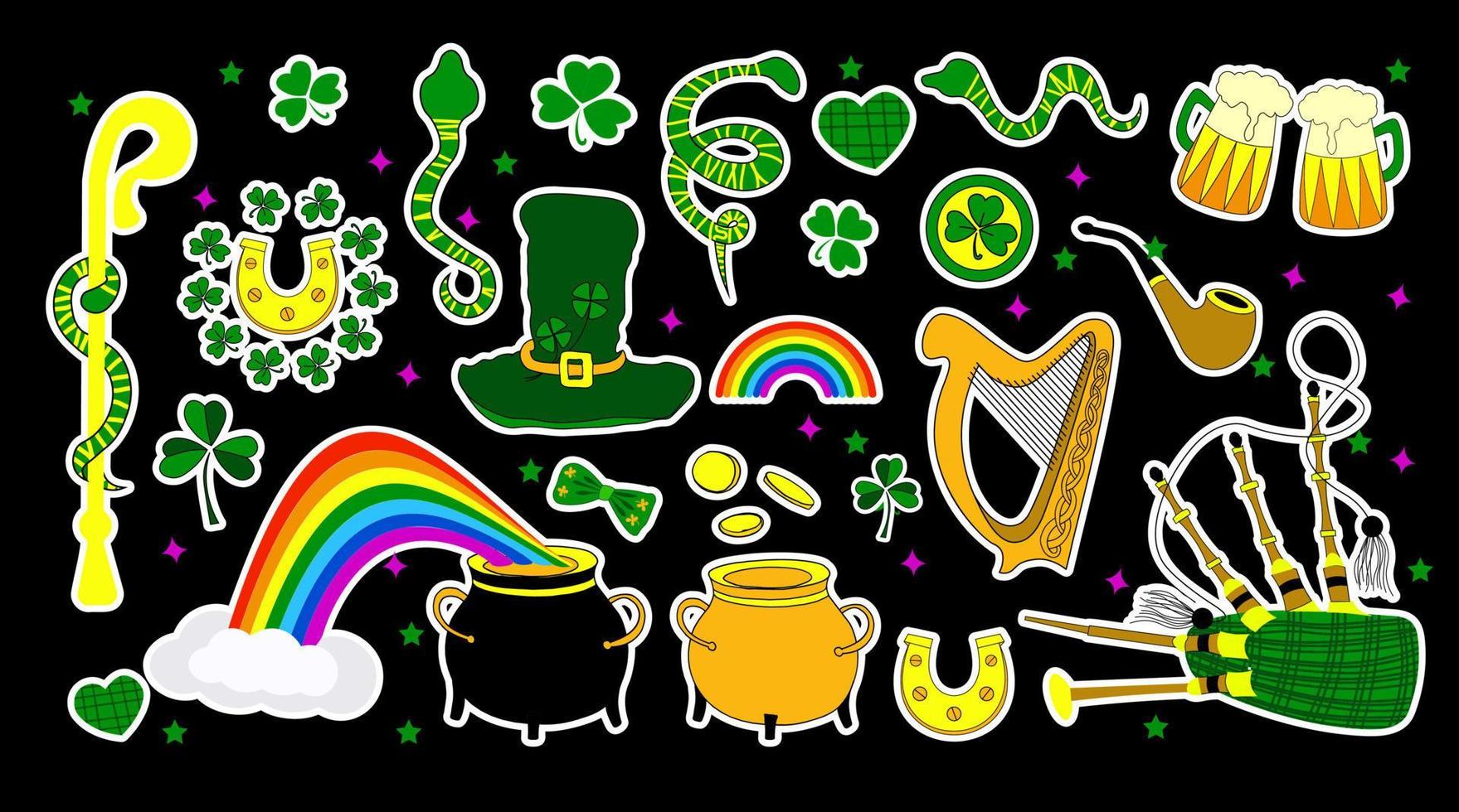 St. Patrick's Day stickers. Set of elements for Patrick's day isolated. Leprechaun hat, harp and clover leaves. Be happy. Horseshoe and shamrock vector