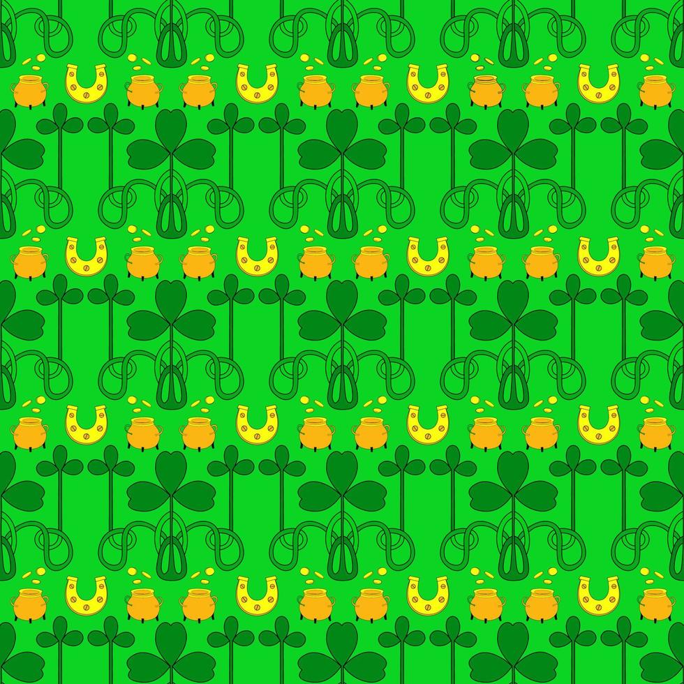 Cool trendy pattern with clover. Bright shamrock leaves on a green background. Hand-drawn seamless pattern. Cute saint patrick fashion print. vector