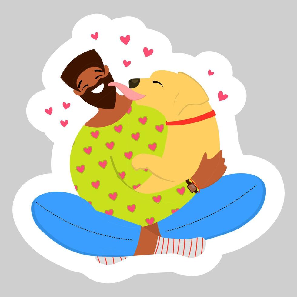 african american with dog.Young african man hugging a dog. A young guy plays with his pet and loves her. Puppy owner. Vector cartoon isolated on white background. sticker.