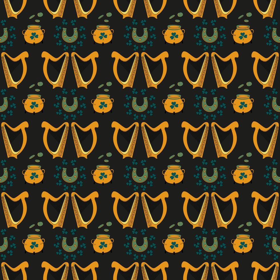 Cool trendy pattern with clover. Irish harp. Hand-drawn seamless pattern. Cute saint patrick fashion print. vector