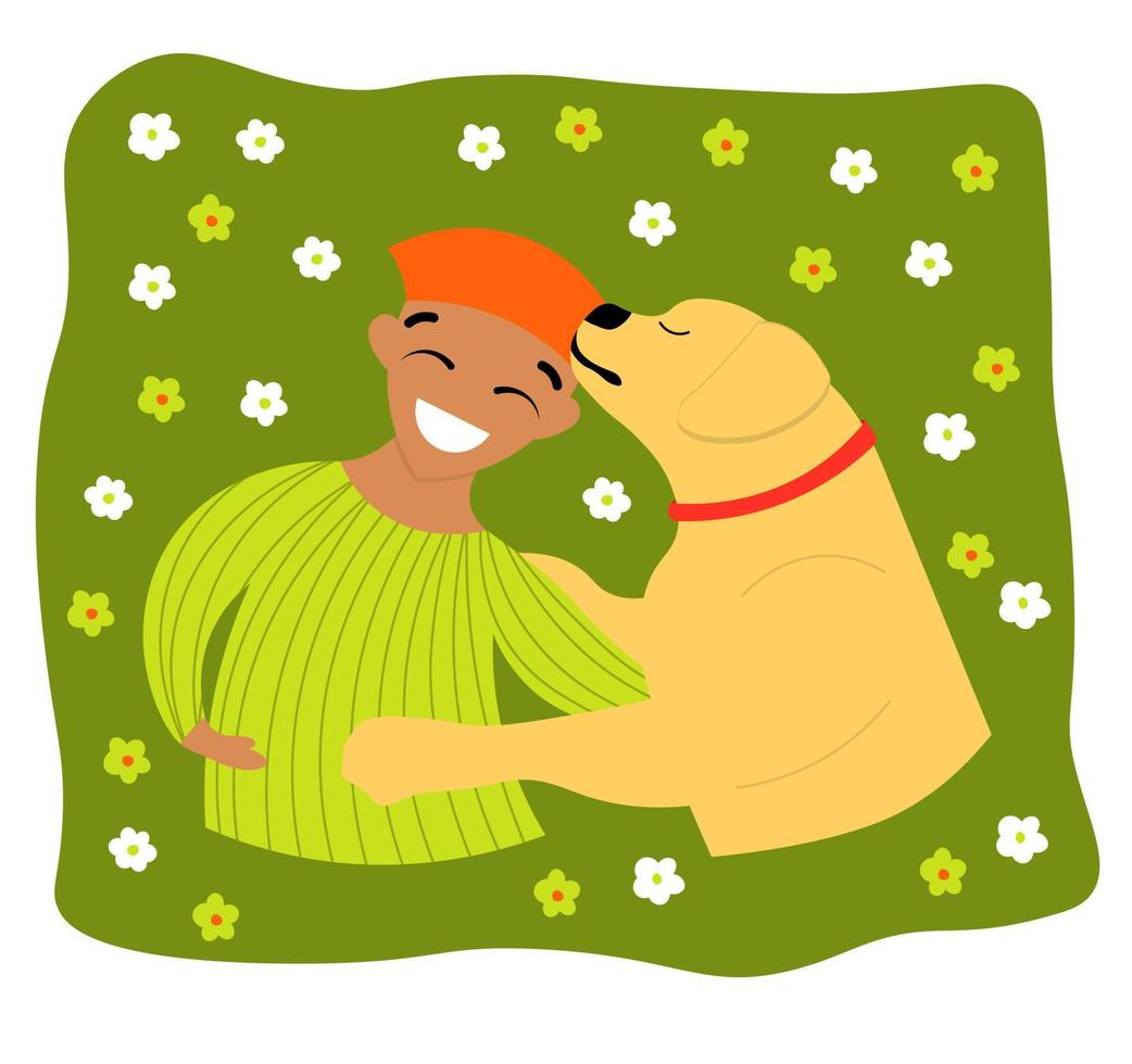 cariñoso perro. Adolescente chico abrazando perro, mascota, contento hombre y sonriente chico con cachorro, paliza mascotas y juego propietarios mejor amigos vector