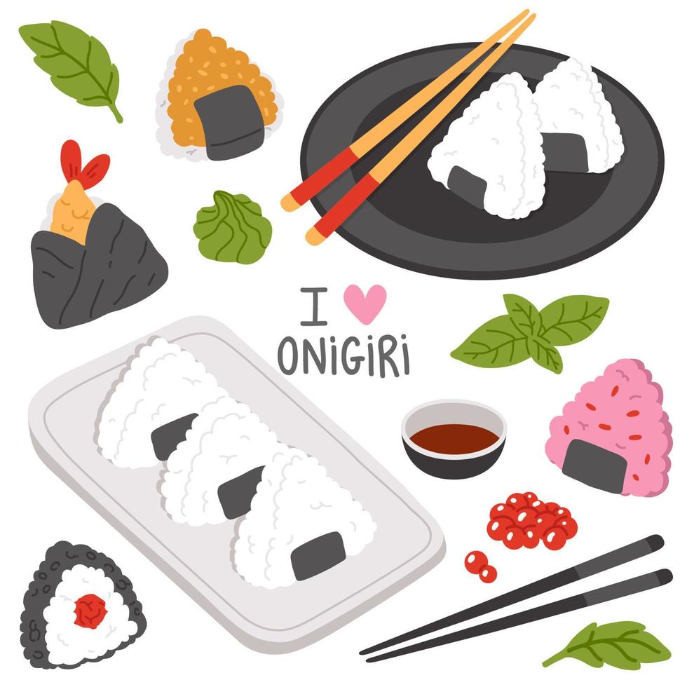 set of doodle asian food onigiri vector