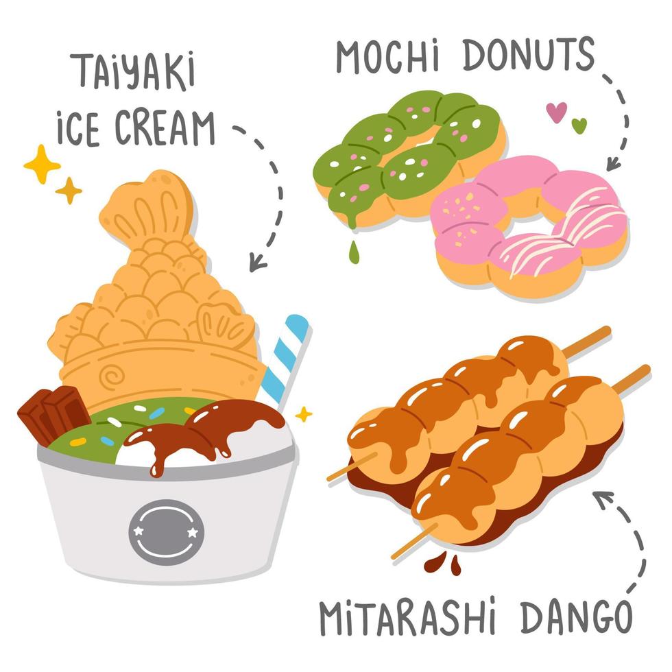 set of cute  doodle asian food taiyaki, donuts, dango vector