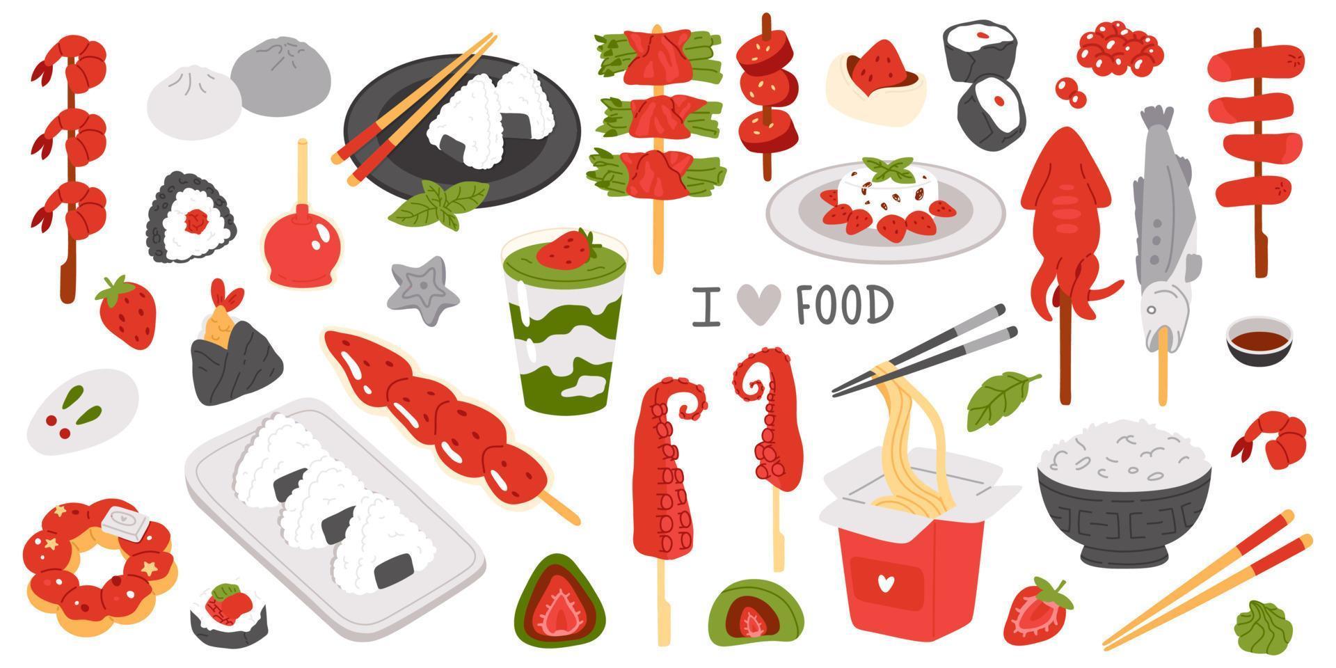 set of doodle asian food vector