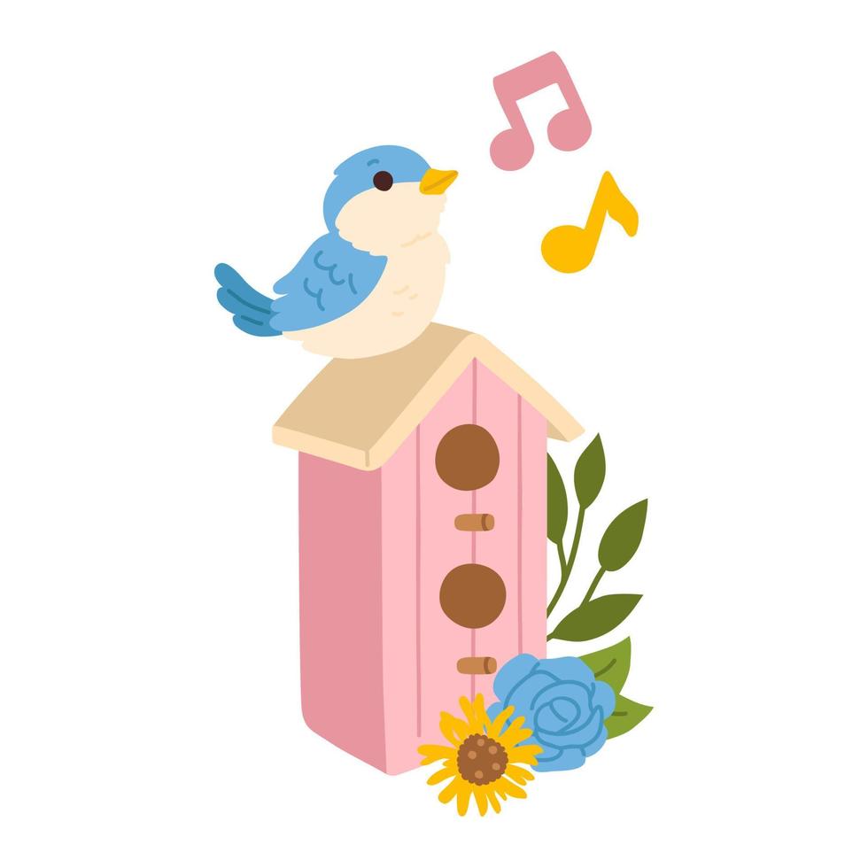 cartoon sparrow on bird house and flowers vector