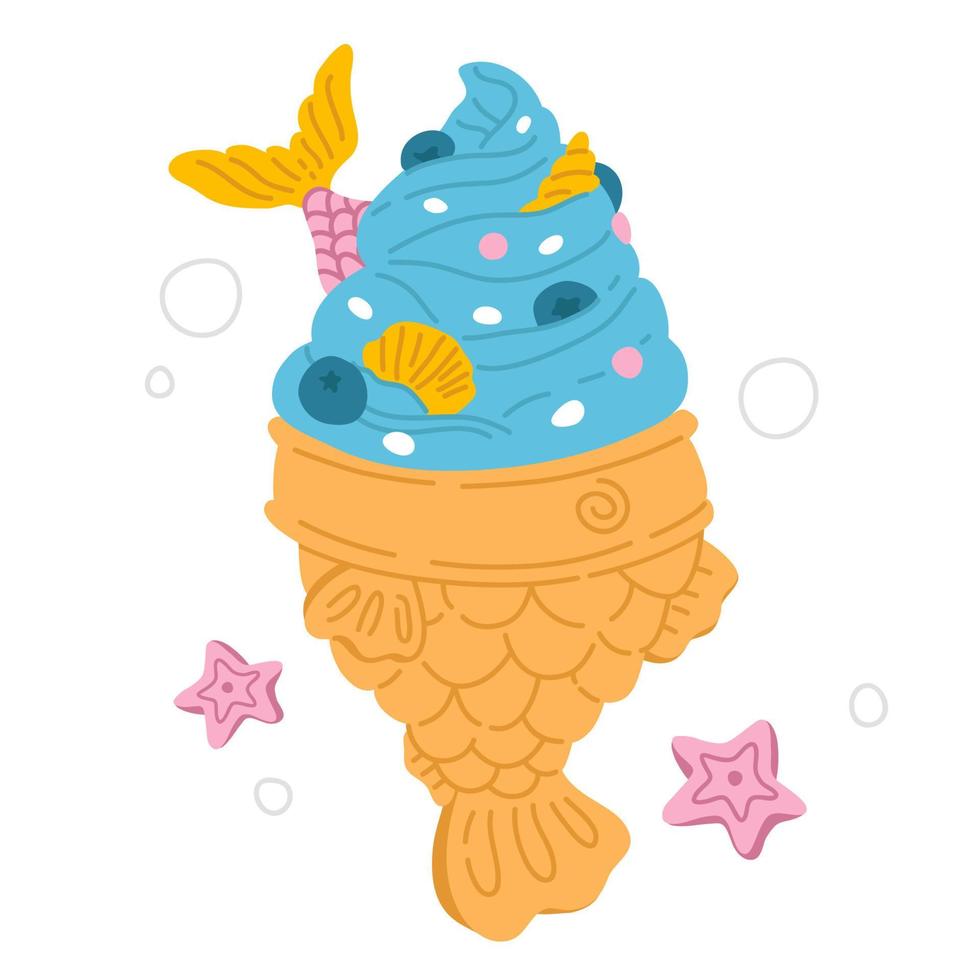 garabatear asiático comida taiyaki sirena vector