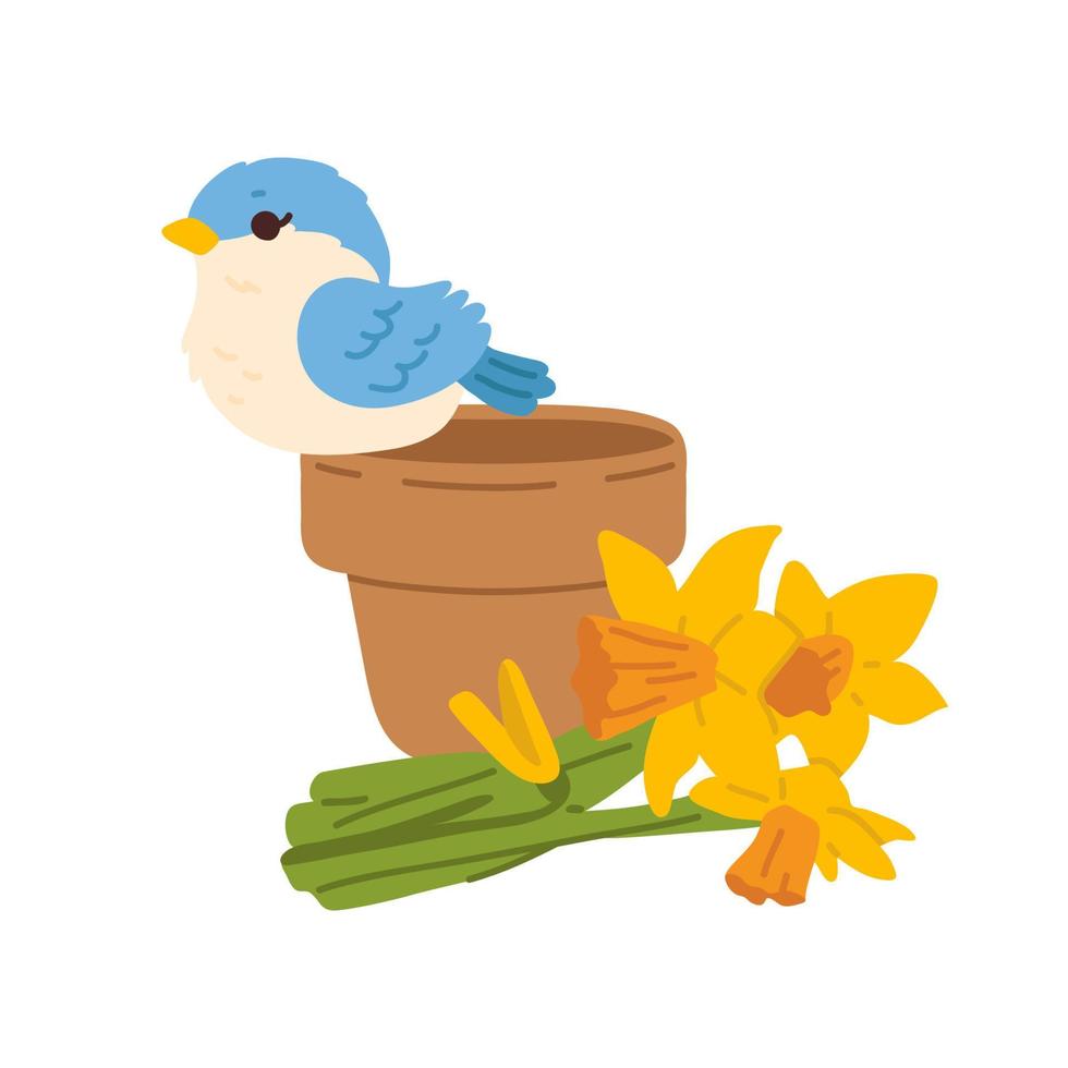 cartoon sparrow bird on pot and flowers vector